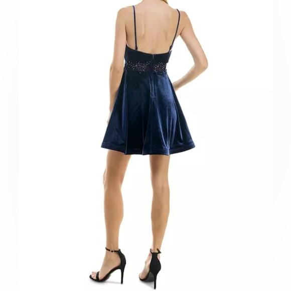 City Studios Juniors' Velvet Embellished-Waist Fit & Flare Dress Blue Size 1/2 - Picture 5 of 9